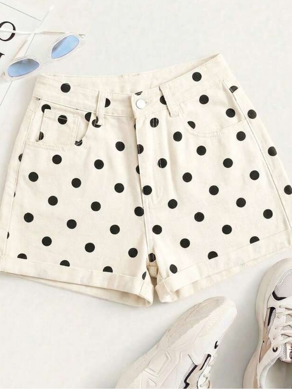 Cream and black polka dot jean shorts